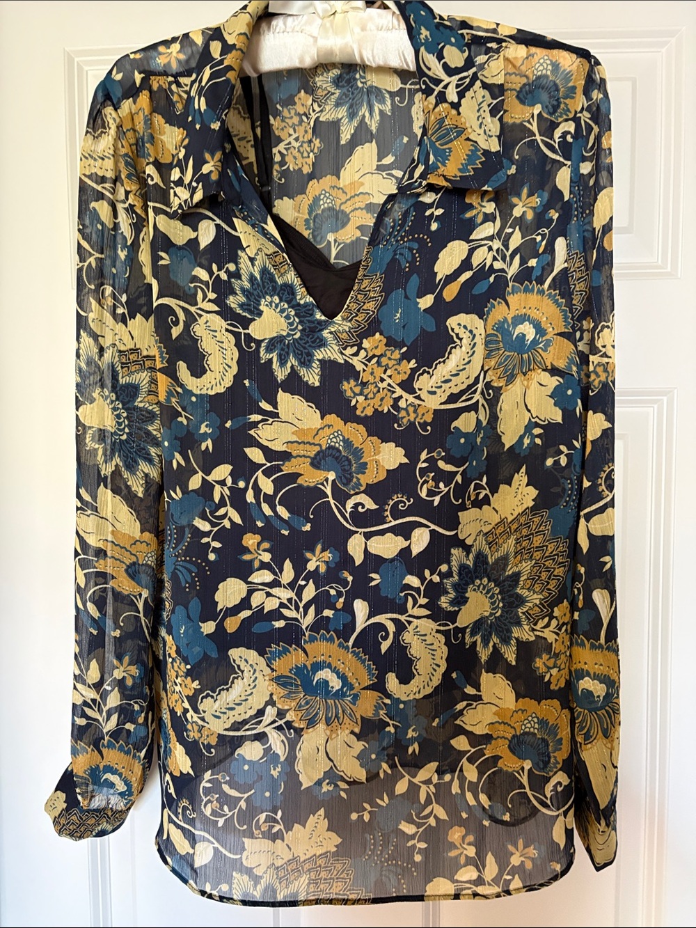 Soft Surroundings Navy Sheer Floral Blouse with Yellow & Teal Accents
